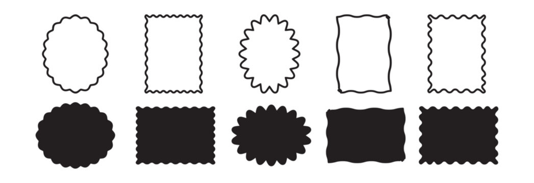 Border scallop shale, wave frame. Rectangle, square and oval thin line and flat design. Black retro text box wiggly edge icon set isolated on white background. Simple zig zag vector illustration
