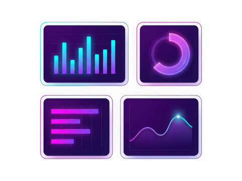 Neon dashboard interface elements with glowing data charts Isolated on