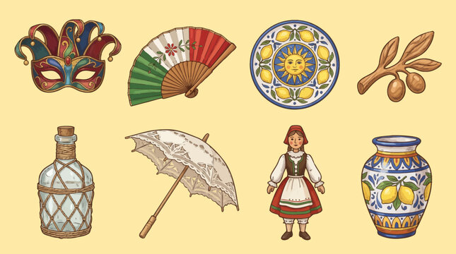 Traditional Italian culture symbols vector illustration featuring carnival mask ornate fan ceramic plate olive branch glass bottle lace parasol folklore doll and painted vase