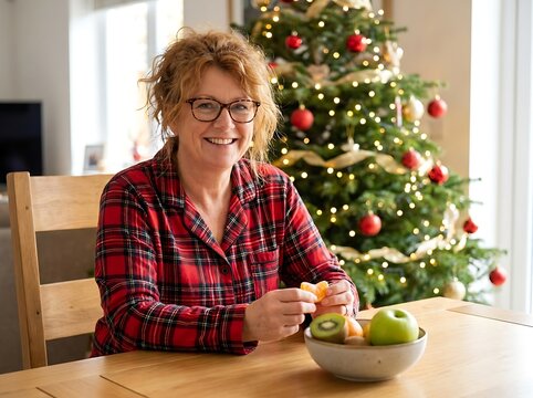 Happy mature woman eating fresh fruit at home during christmas