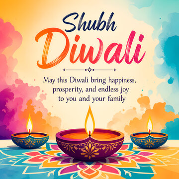 Shubh Diwali watercolor greeting with three ornate diyas on colorful rangoli and paint splash