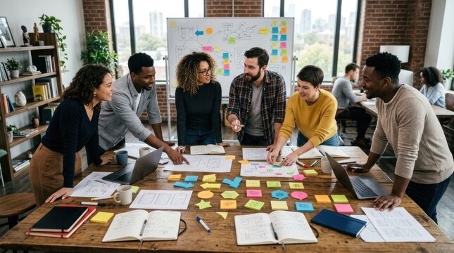 A diverse group of people working together in a modern office setting.