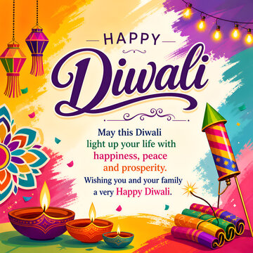 Happy Diwali greeting card with diyas, lanterns, string lights, firecrackers and colorful brush strokes
