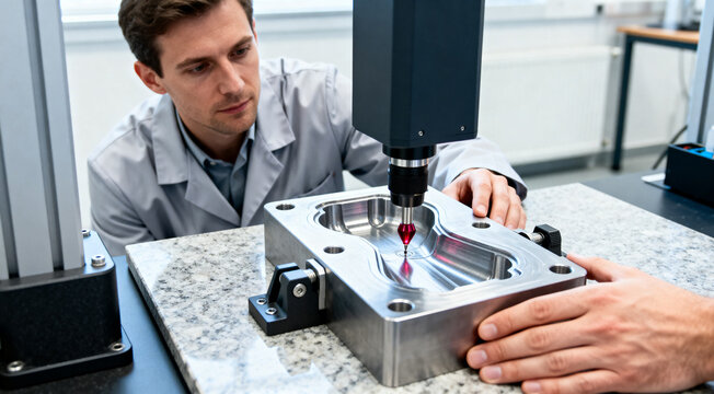 Engineer uses a coordinate measuring machine to inspect a precision CNC-machined metal mold in a manufacturing lab, verifying dimensions and surface quality