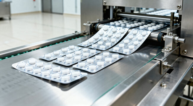 Pharmaceutical tablet production on automated conveyor line in modern medicine packaging factory