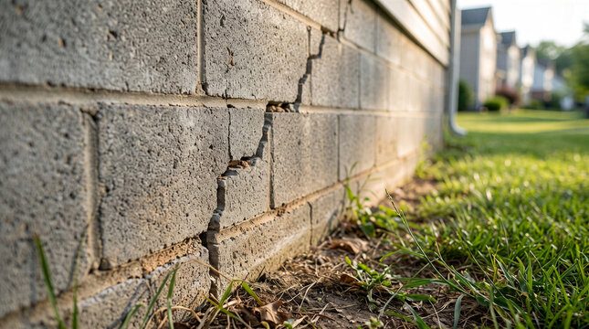 Stairstep crack in a concrete block foundation wall of a residential house