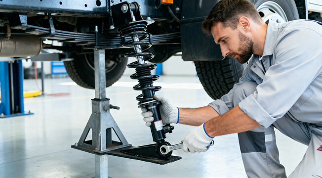 Automotive mechanic replacing car suspension strut in garage workshop with floor jack support