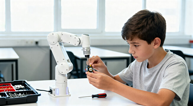 Young boy assembles robotic arm in STEM classroom workshop learning technology and engineering skills