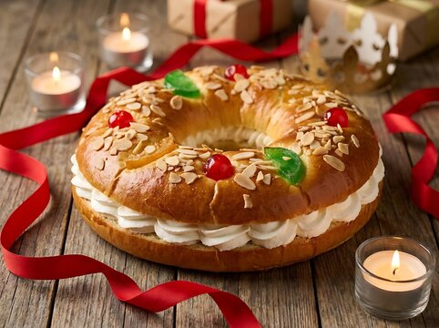 Traditional roscon de reyes cake with cream filling and candied fruit