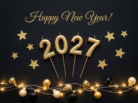 Golden 2027 new year greeting with glitter number candles and festive