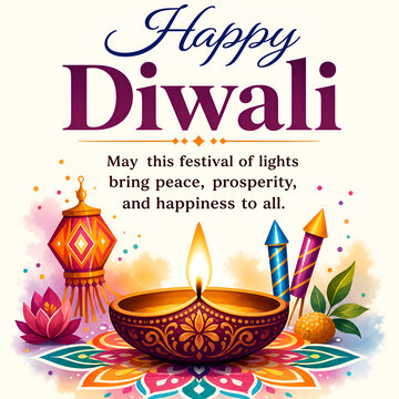 Happy Diwali watercolor card with clay diya, paper lantern, lotus, rockets and laddu sweet on rangoli