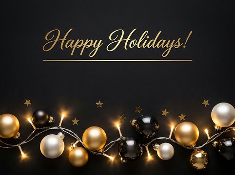 Happy holidays greeting card with gold and black christmas ornaments