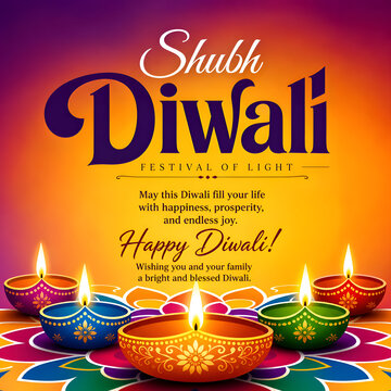 Shubh Diwali greeting card design with lit colorful clay lamps, rangoli and Happy Diwali wishes