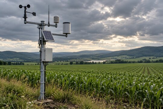 Modern Automated Weather Station In Agricultural Corn Field.