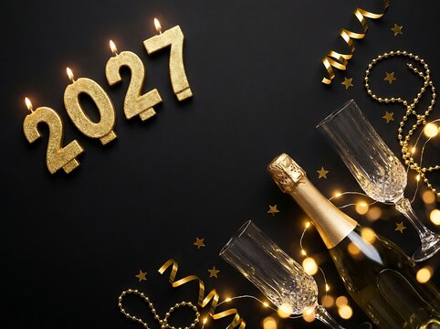 Golden 2027 candles with champagne bottle and glasses for new year