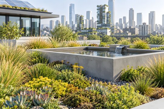 Modern eco friendly rooftop garden with water feature and city skyline views.