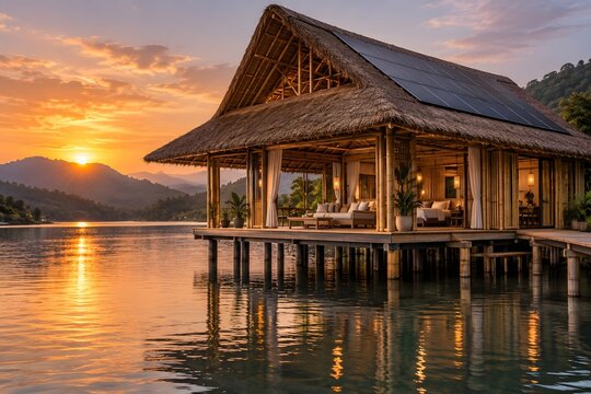 Luxury tropical wooden bungalow over water at sunset with mountain view.