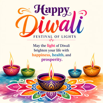 Happy Diwali festival of lights watercolor greeting with five colorful diyas on vibrant rangoli