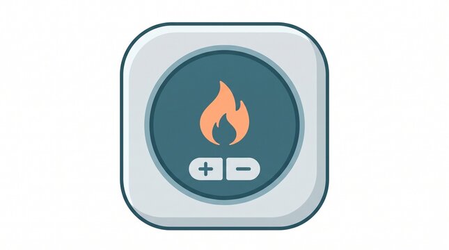 Digital thermostat icon with flame symbol and plus minus buttons