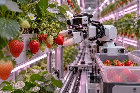 Robotic arm harvesting ripe strawberries in modern vertical indoor farm with LED lights.