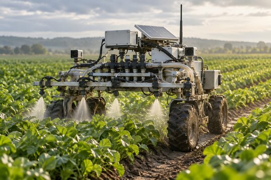 Autonomous Agricultural Robot Spraying Crops in Modern Farming Field.