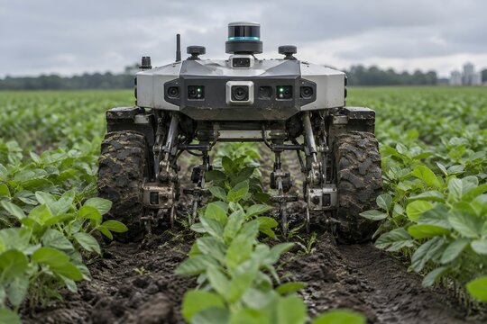 Autonomous Agricultural Robot Working in Green Soybean Crop Field.