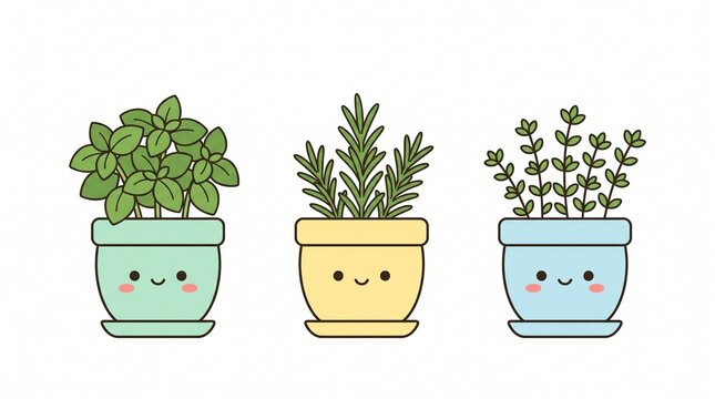 Cute Kawaii Herb Plants in Pots with Happy Faces