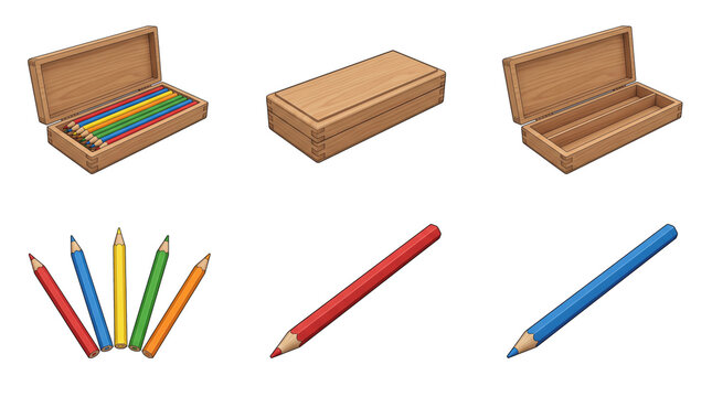 Set of wooden pencil cases with colorful pencils in various positions isolated on a transparent background