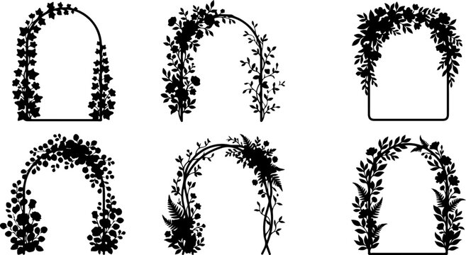 Set of floral arch silhouettes for wedding and event decoration vector illustration