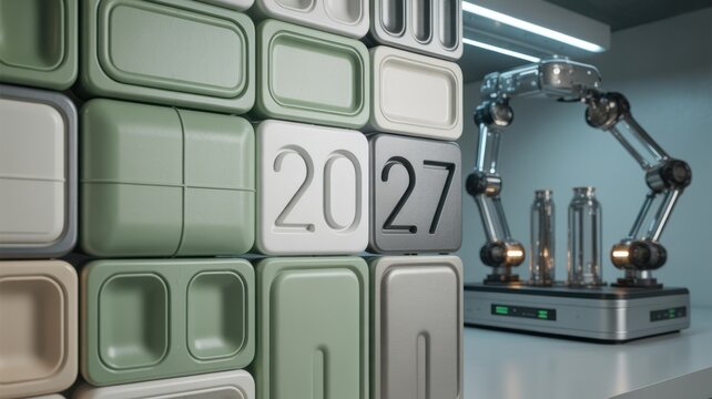 Robotic arm working on a factory wall marked with 2027