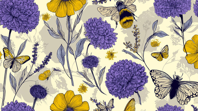 Doodle pattern featuring flowers, bees, and butterflies in light colors with a variety of floral designs