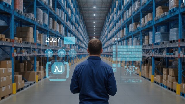 Worker looking at digital ai data in a modern warehouse