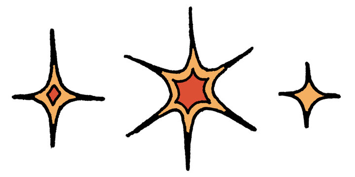 Hand-drawn ink icon set of shining and sparkling four and six-pointed stars in red and yellow isolated on transparent background for magic stickers, mystical craft, witchy decor, tarot, RPG game UI.