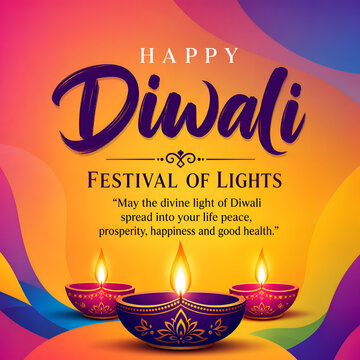 Happy Diwali festival of lights poster with three glowing purple diyas on vibrant fluid background