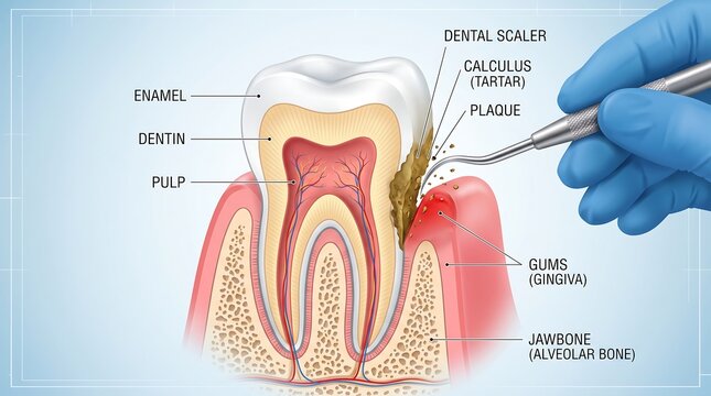 Detailed dental anatomy illustration, showing tooth structure with enamel, dentin, and pulp. A dental scaler removes plaque and calculus from the gumline