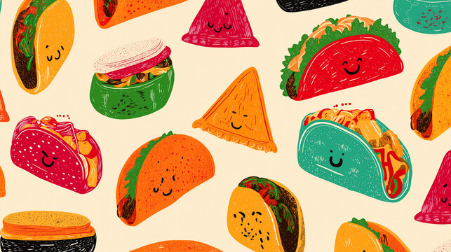 International street food samosa taco bao pattern featuring colorful and fun food illustrations