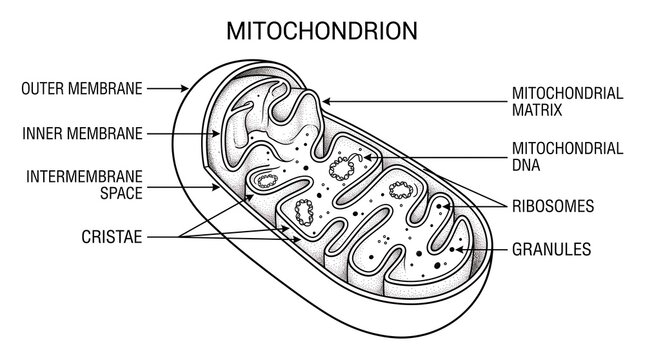 Detailed mitochondrion diagram, essential cell organelle illustration, biological structure with labeled parts, educational biology resource for science and medicine