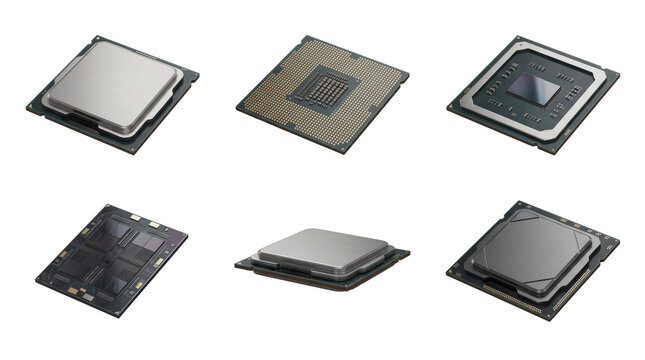 Collection of six different computer processor units showing and bottom views of various microchip isolated on a transparent background