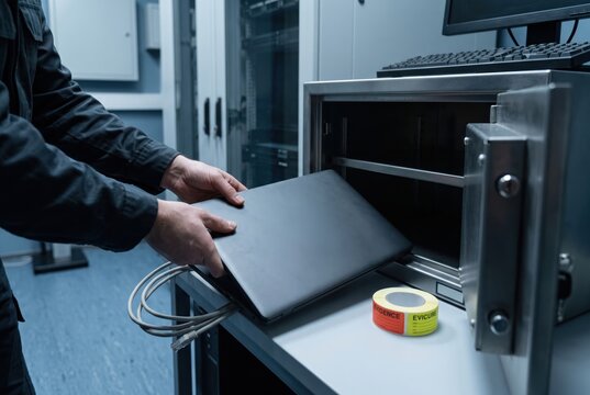 Technician placing confiscated laptop into metal safe for audit evidence