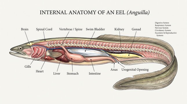 Detailed internal anatomy of an eel (Anguilla) illustration, scientific diagram for biology education, marine life study, and zoology research