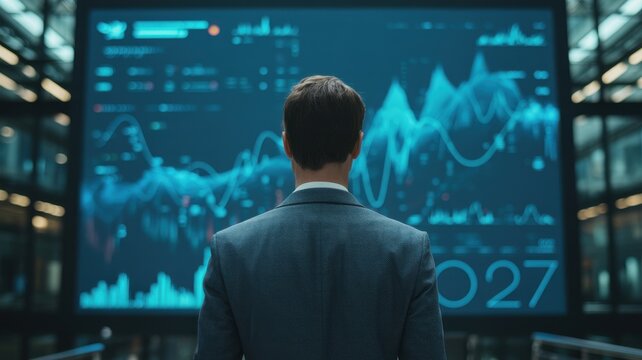 Businessman looking at digital stock market data screen