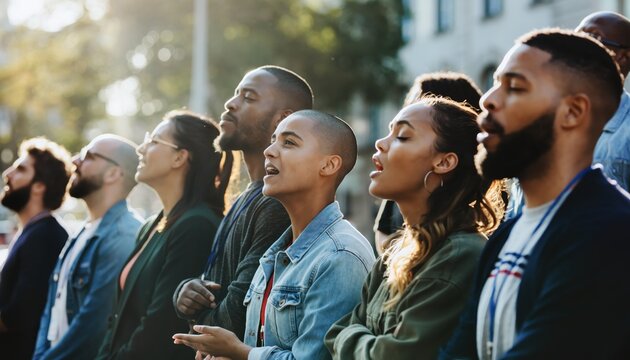 Diverse Group of People Looking Upwards Together in Unity.
