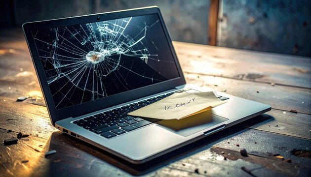 Damaged Laptop Screen with Sticky Note on Keyboard.