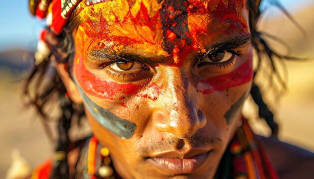 Close-up Portrait of a Man with Traditional Face Paint.