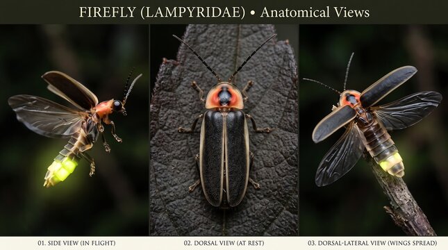 Firefly (Lampyridae) anatomical views, glowing bioluminescent insect in flight, dorsal view at rest, and dorsal lateral view with spread wings, detailed scientific study of a lightning bug