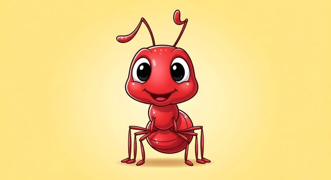 Cute red ant cartoon character stands smiling on a yellow background