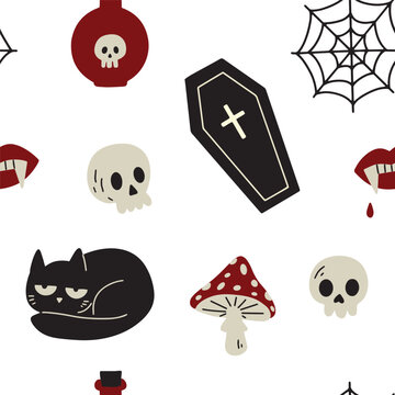 Halloween abstract doodle set. Seamless pattern. Gothic hand drawn collection. Creative contemporary aesthetic doodle elements.