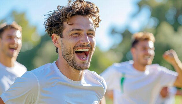 Joyful group of friends celebrating outdoors with smiles and laughter.