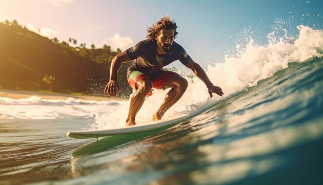 Surfer Riding a Wave at Sunset.