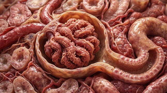 Macro view of complex biological organism with internal tubular structures and fleshy red textures